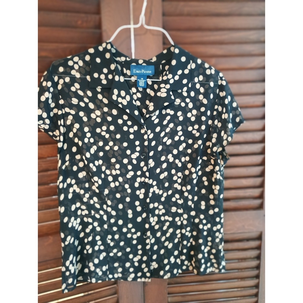Evan Picone Woman's Blouse Size 16 Black And Tan Polka Dot Sheer Career Office